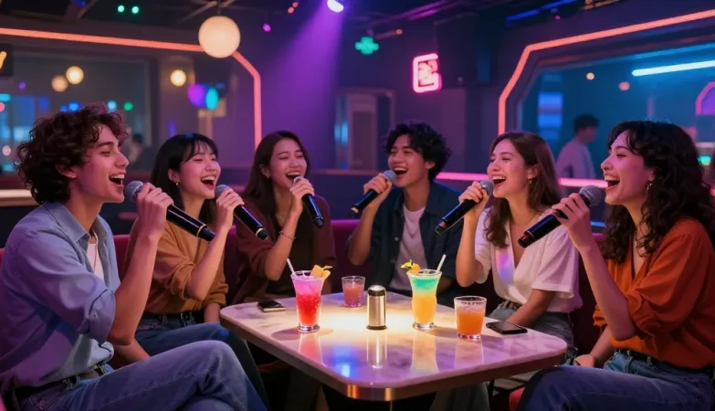 Friends enjoying 강남가라오케 night out, singing with cocktails in lively venue.